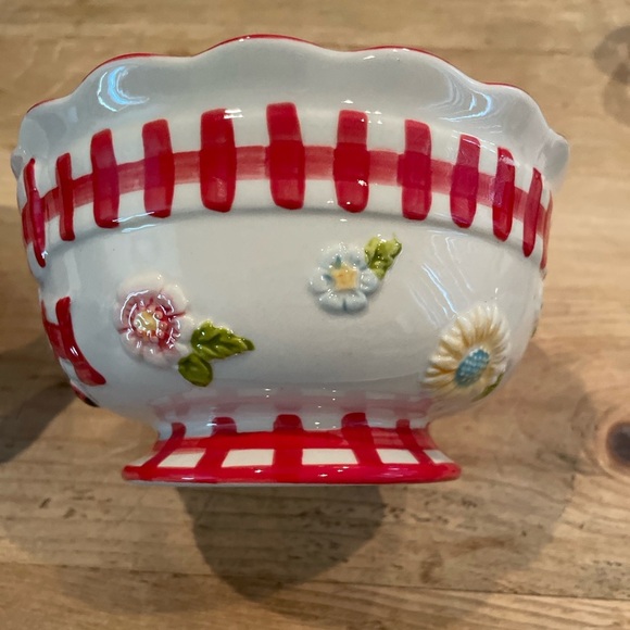 NWOT Set of 2 Temp-tations Red White Floral Gingham ladybug scalloped bowls 24oz - Picture 1 of 9